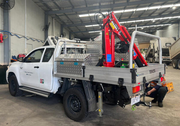 Crane being fitted to Barwon Water ute in Sartori's Mechanical Services' workshop, North Geelong